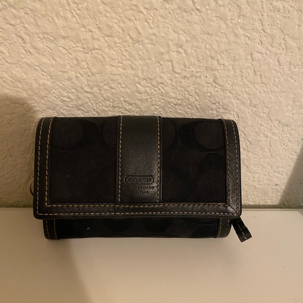 Coach Black Canvas Leather Trim Small Credit Card/Coin Bifold Wallet